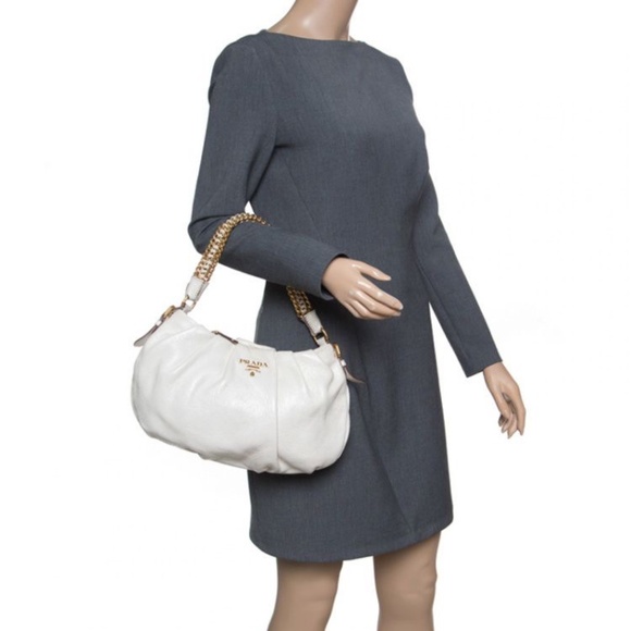 Authentic Prada Cervo Lux Shimmer Hobo Bag Off-White - Picture 3 of 16